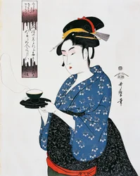 Hora do chá, xilogravura Ukiyo-e, de Kitagawa Utamaro (1753-1806), período Edo (1603-1868), Japão