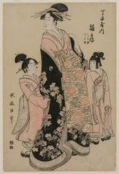 A cortesã Hinazuru de Chojiya com seus assistentes Tsuruji e Tsuruno, c. 1794