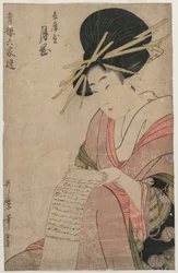 A cortesã Tsukioka de Hyogoya Rolling a Letter (da série A Selection of Six Authors in the Green Houses)