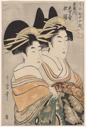 As cortesãs Kasugano e Utahama de Tamaya da série Courtesans of the Pleasure Quarters in Double Mirrors