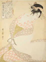 O Jaleco Branco, da série "Novos Padrões de Brocado Tecido no Estilo Utamaro (Nishiki-ori Utamaro-gata-moyo)"