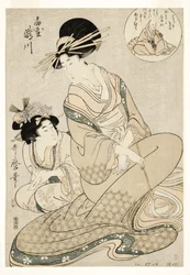 A cortesã Takigawa e sua acompanhante do Ogiya em alusão ao poeta, 1800-02 (woodblock)