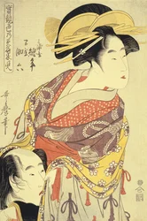Os amantes Miuraya Agemaki e Yorozuya Sukeroku (oban de Jitsu kurabe iro no minakami) , c. 1798-1799 (xilogravura a cores)