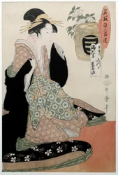 O bem do Yomeishu de Mangaji. O retrato de uma mulher. Impressão japonesa de Utamaro Kitagawa (1753 - 1806) estilo Ukiyo-e, cerca de 1794. Paris, Musee Guimet