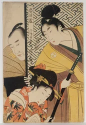 O jovem samurai, Rikiya, com Konami e Honzo parcialmente escondido atrás da porta, Ato II de "Chushingura"