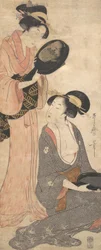 Duas damas, cada uma com uma porção de um espelho lacado, 1790s.