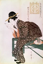 Leitura feminina. Feito com um crepe de Echigoya. Série Summer Ensemble: "As belezas do nosso tempo." Impressão japonesa de Utamaro Kitagawa (1753-1806). 1804-1806. Dim. 0,37x0,25 m. Paris, Museu Guimet, Museu de Artes Asiáticas