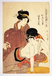 Mulher lavando-se, por volta de 1803, ilustração de Kitagawa Utamaro (1753-1806) de Hana Awase Kesho Kurabe, lenhador de estado Aiban-e, civilização japonesa, período Edo