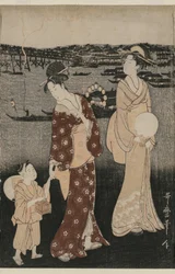 Mulheres curtindo a noite fresca perto da ponte Ryogoku