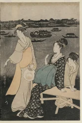 Mulheres curtindo a noite fresca perto da ponte Ryogoku