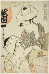 Mulheres Preparando Coalhada de Feijão Gion, da série "Doze Tipos de Artesanato Feminino (Fujin tewaza juni-ko)"