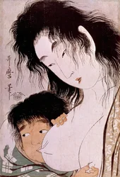 Yamauba e Kintaro: a estampa japonesa tetee de Utamaro Kitagawa (1753-1806). Sol. 0,37x0,25 m. 1801-1803. Paris, Museu Guimet, Museu Nacional de Artes Asiáticas.