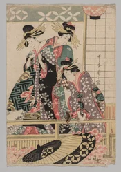Mulheres Yoshiwara olhando para a rua na primavera