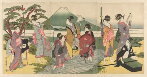 Um jovem e o seu grupo atravessam um riacho antes do Monte Fuji