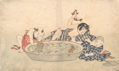 Rapazes a brincar com uma bacia de peixes e tartarugas, no início do século XIX.
