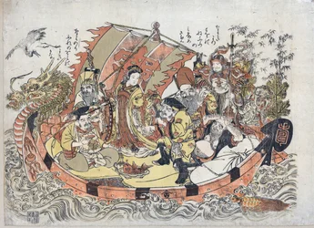 Sept Divinites du Bonheur - Seven Lucky Gods par Kitao, Shigemasa (1739-1820), Entre 1775 e 1780 - Color linocut, 32,6x46,1 - Coleção Particular