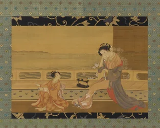 Duas raparigas numa varanda com vista para o mar, período Edo, 1739-1820.