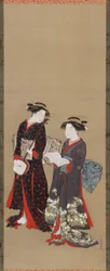 Duas raparigas de pé, uma com um livro aberto, 1615-1868.
