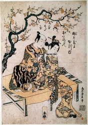 Arte japonesa: um músico dá um lecão de flauta a uma jovem mulher. Gravura de Kiyohiro Torii (1737-1766) Paris do século XVIII, B.N.