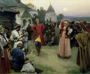 Dança (um casal de noivos em traje tradicional dança entre a multidão de aldeões ao anoitecer) (Dança) - Pintura de Klavdi Vasilyevich Lebedev (1852-1916), óleo sobre papelão (26x31 cm)