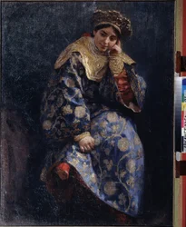 Filha de boyar (boiard, boiar) (Filha de Boyar). Retrato de uma jovem nobre russa tradicional, durante o Tempo de Dificuldades, entre 1598 e 1613. Pintura de Klavdi Vasilyevich Lebedev (1852-1916), óleo sobre tela