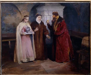 Escolhendo uma Noiva. No tempo do Domostroi (século XVI), um homem propõe o casamento à mãe de uma jovem, que carrega um decantador num tabuleiro de prata. Pintura de Klavdi Vasilyevich Lebedev (1852-1916), óleo sobre