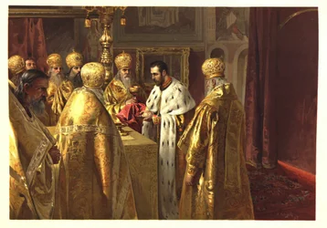 A Cerimónia de Coroação de Nicolau II. A Eucaristia par Lebedev, Klavdi Vasilyevich (1852-1916)