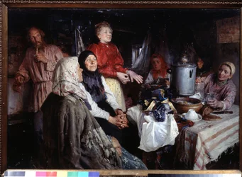 Uma visita ao domicílio. Pintura de Klavdi Vasilyevich Lebedev (1852-1916), óleo sobre tela