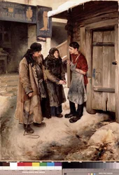 Os pais visitam o seu filho. Reunião familiar numa rua de terra, em frente ao sinal de um fabricante de botas. O filho está a usar um avental de artesão. Pintura de Klavdi Vasilyevich Lebedev (1852-1916), óleo sobre tela