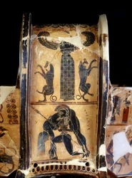 O vaso François: pormenor da cratera de figuras negras que representa Aquiles morto, transportado por Ájax, realizada pelo oleiro Ergótimos e pelo pintor Clítias. 570 a.C. Proveniente de Siena. Florença. Museu Arqueológico Nacional.