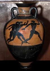 Arte grega: ânfora de cerâmica panatenaica com figuras negras representando atletas correndo. Cerâmica do Pintor de Cleofrades (início do século V a.C.). 500 a.C. Dim. 0,55x0,41 m.