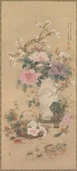 Vaso de flores com gafanhoto, vida marinha e pedra de jardim, pergaminho pendurado, final de 1800 (tinta e cor em seda)