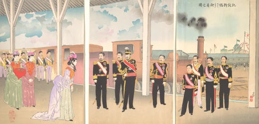 Ilustração da chegada do imperador à estação de Shinbashi após um regresso vitorioso, 1895.