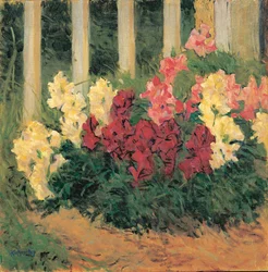 Blumenstrauch vor Gartenzaun - Flores em frente a uma cerca de jardim ... (óleo sobre tela)