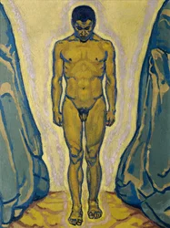 Nu masculino em pé entre rochas, c. 1915.