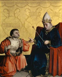 Antipater ajoelhado diante de Juilus Caesar do Retábulo de Heilspiegel, c.1435 (mídia mista sobre painel de carvalho)
