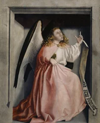 O Anjo da Anunciação do Retábulo de Heilspiegel, c.1435 (mídia mista sobre painel de carvalho)