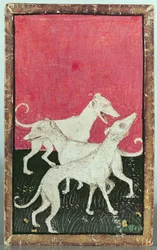Três cães de caça, um de um conjunto de cartas de baralho que descrevem cenas de falcoaria, Upper Rhein Are, c.1440-45 (caneta e tinta, wc) (ver também 87698, 88300 e 88302-04)