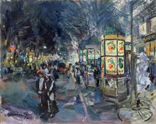 Boulevard parisiense à noite (boulevard parisiense à noite). Descrição da animação na capital, com caminhantes, quiosques publicitários (colunas Morris), árvores e iluminação. Pintura de Konstantin Alexeyevich Korovin (Constantin Korovin) (1861-1939)