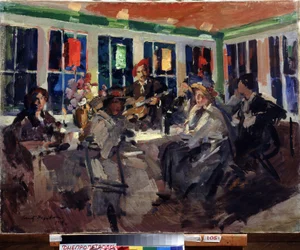 Num Café. Mulheres sentadas por uma janela da baía, iluminadas por lanternas coloridas, acompanhadas por um guitarrista. Pintura de Konstantin Alexeyevich Korovin (Constantin Korovine) (1861-1939), óleo sobre tela