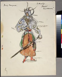 Desenho de figurino para a ópera O Galo de Ouro de Nikolai Rimsky-Korsakov (1844-1908). Traje de combatente, capacete e espada. Obra