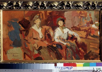 Duas nas Cadeiras Wicker. (Dois nas Cadeiras Wicker). Duas jovens mulheres com chapéus, sentadas lado a lado. Pintura de Konstantin Alexeyevich Korovin (Constantin Korovine) (1861-1939), óleo sobre tela