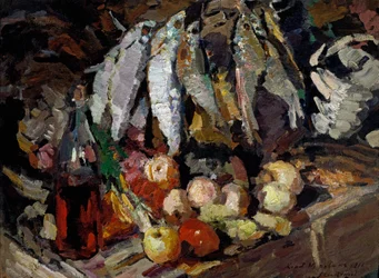 Peixes, vinho, fruta
