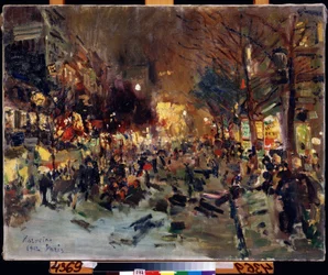 Grand Boulevard em Paris (Boulevard em Paris). Vista da rua movimentada à noite. Você pode ver as colunas de Morris à direita. Pintura de Konstantin Alexeyevich Korovin (Constantin Korovin) (1861-1939), óleo sobre tela