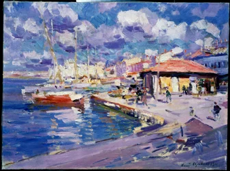 Baía de Pesca em Sevastopol (Ucrânia) (Baía de Pesca, Sebastopol). Vista do cais onde os barcos, caminhantes e edifícios estão atracados ao sol. Pintura de Konstantin Alexeyevich Korovin (Constantin Korovin) (1861-1939), óleo sobre tela
