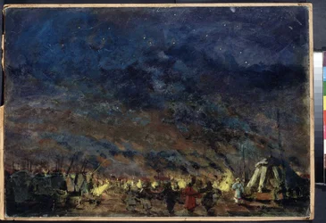 O Campo Polovtsian - Desenho de palco para o Príncipe Igor da Ópera por Alexander Borodin - Sob um céu estrelado, as tendas do campo emolduram o brilho dos fogos, no