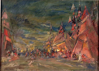 O acampamento militar dos Polovtsianos (ou Couman, Kuman). Decoração preparatória para a ópera ""Príncipe Igor"" de Alexandre Borodin (Borodin) (1833-1887). Obra de Konstantin Alexeyevich Korovin (Constantin Korovin) (1861-1939), óleo sobre papelão