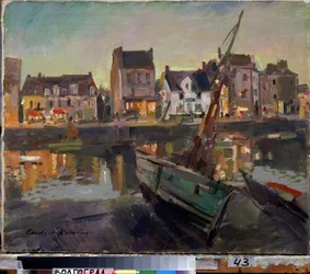 Marselha (França) (Marselha). Um barco na margem do antigo porto da cidade de Marselha, em frente às fachadas iluminadas pela luz da noite. Pintura de Konstantin Alexeyevich Korovin (Constantin Korovine) (1861-1939), óleo sobre tela