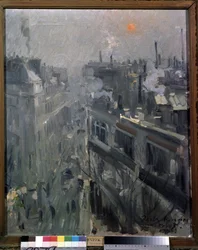 Paris (França) (Paris). Vista das fachadas do boulevard Montmartre, uma manhã de outono. Pintura de Konstantin Alexeyevich Korovin (Constantin Korovin) (1861-1939), óleo sobre tela