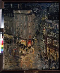 Paris, Boulevard des Capucines (Paris, Boulevard des Capucines). Vista da travessia das avenidas des Capucines e des Italiens, numa noite de Verão, os edifícios e a animação da rua iluminados pelas luzes dos reverberadores. Pintura por Konstantin Ale